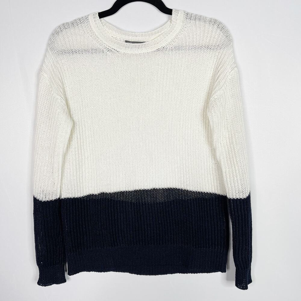 Vince Womens XSmall XS Cream Navy Blue Open Knit Colorblock Sweater Crew Neck